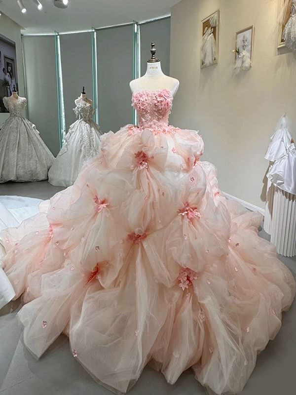 / Floral Ball Plain Veil Strapless Gown Set