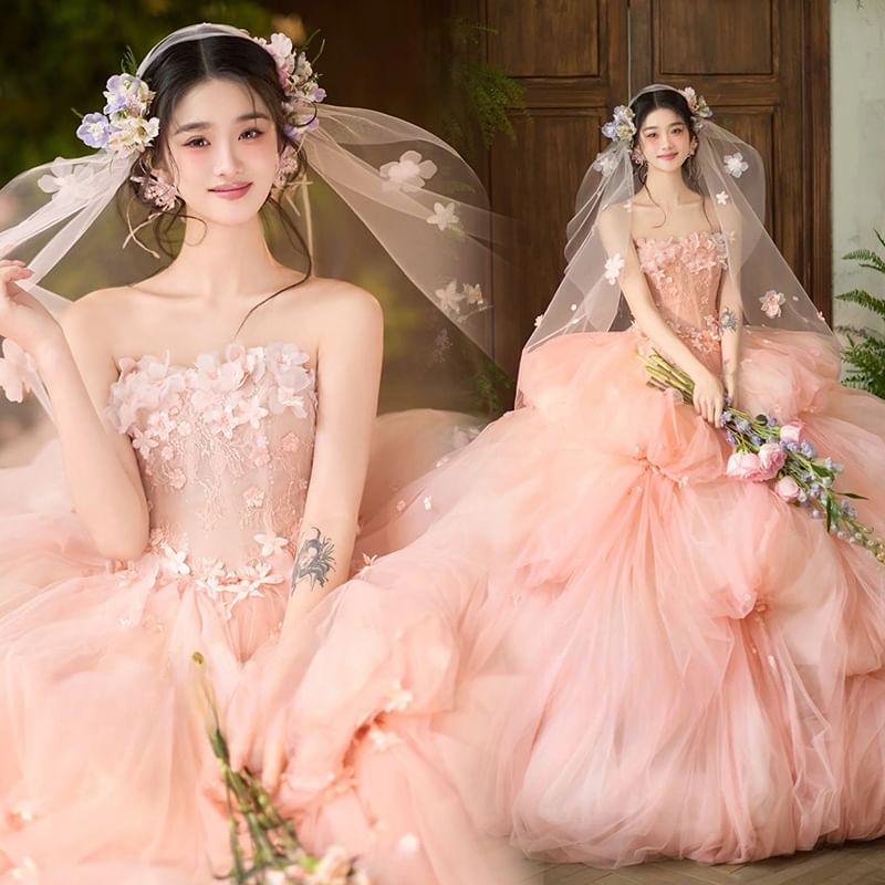 / Floral Ball Plain Veil Strapless Gown Set