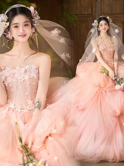 / Floral Ball Plain Veil Strapless Gown Set