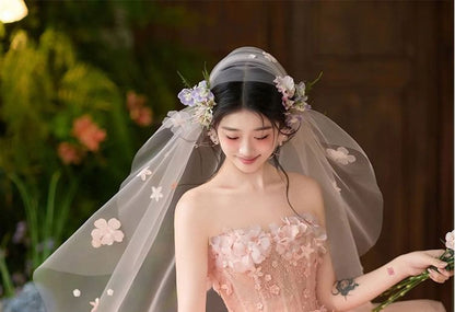 / Floral Ball Plain Veil Strapless Gown Set