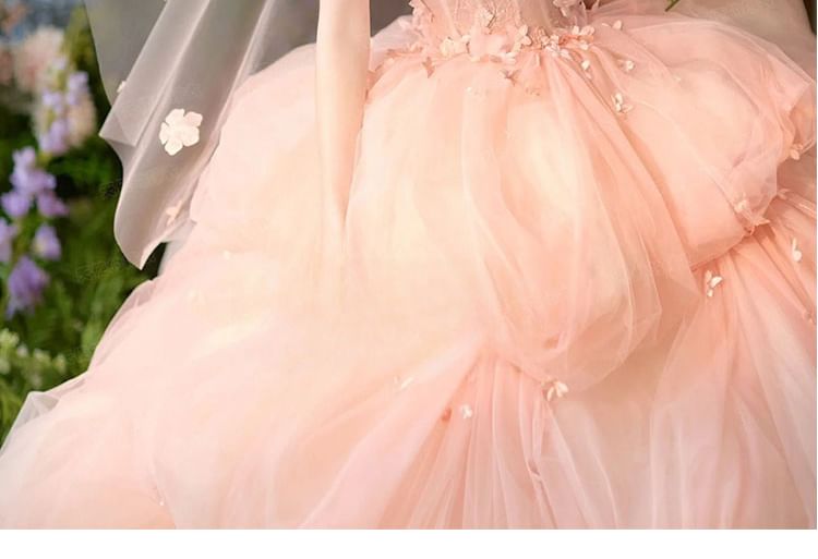 / Floral Ball Plain Veil Strapless Gown Set