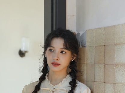 Frill-Trimmed Solid Blouse with Long Sleeves