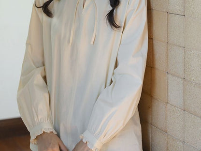 Frill-Trimmed Solid Blouse with Long Sleeves