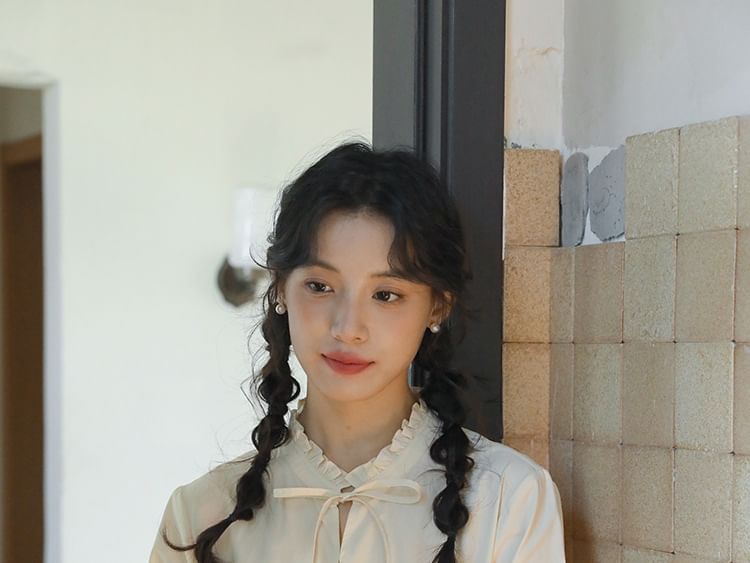 Frill-Trimmed Solid Blouse with Long Sleeves