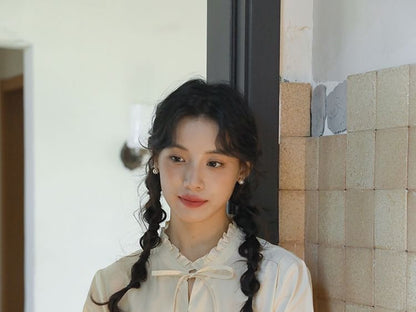 Frill-Trimmed Solid Blouse with Long Sleeves