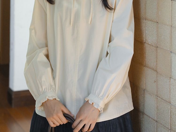Frill-Trimmed Solid Blouse with Long Sleeves