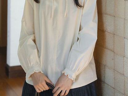 Frill-Trimmed Solid Blouse with Long Sleeves