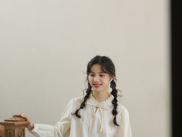 Frill-Trimmed Solid Blouse with Long Sleeves