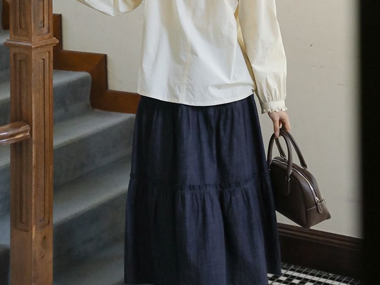 Frill-Trimmed Solid Blouse with Long Sleeves