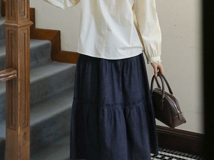 Frill-Trimmed Solid Blouse with Long Sleeves