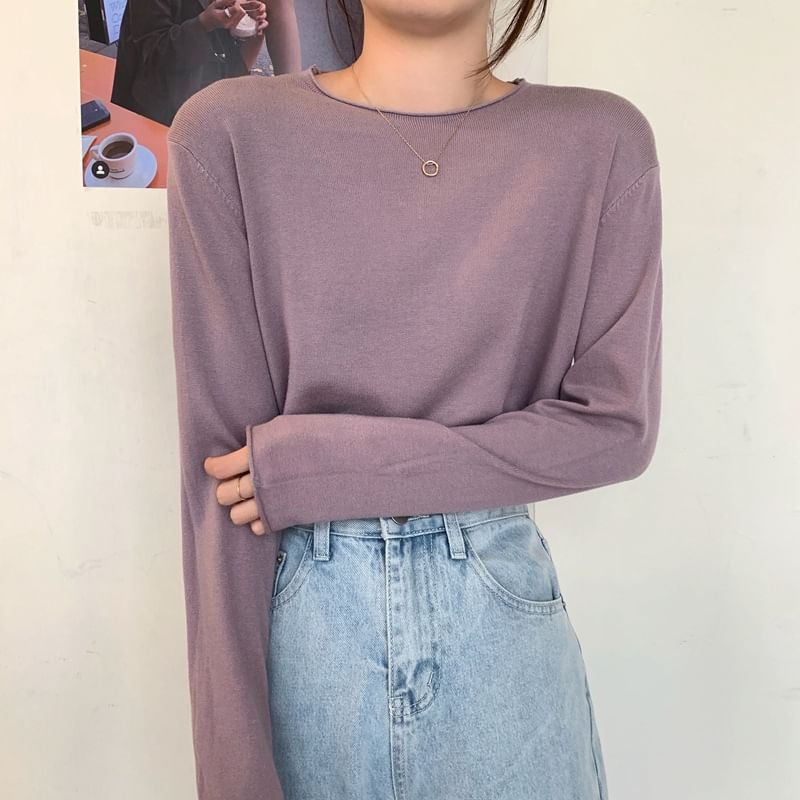 Solid Knit Crewneck Top with Long Sleeves
