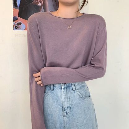Solid Knit Crewneck Top with Long Sleeves