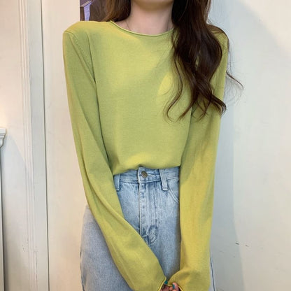 Solid Knit Crewneck Top with Long Sleeves