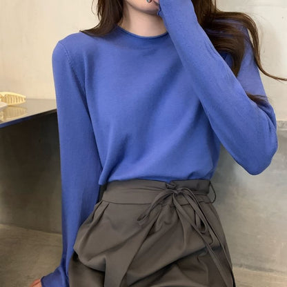 Solid Knit Crewneck Top with Long Sleeves