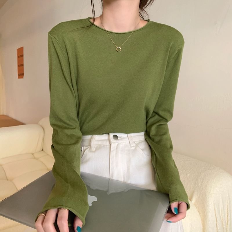 Solid Knit Crewneck Top with Long Sleeves