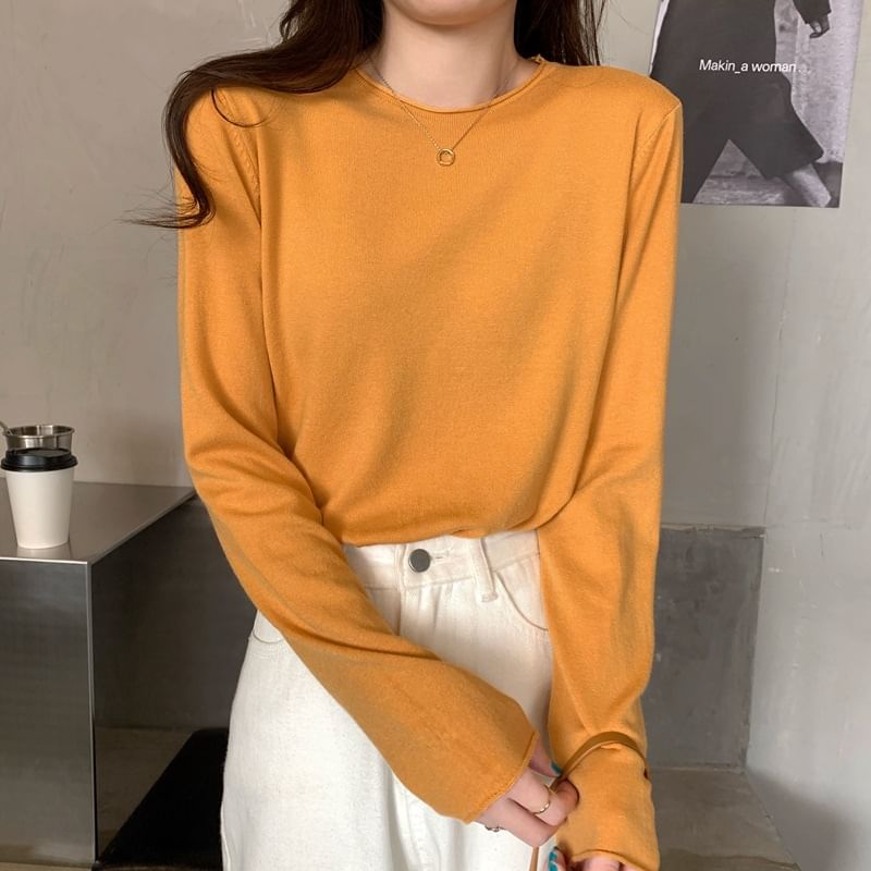 Solid Knit Crewneck Top with Long Sleeves