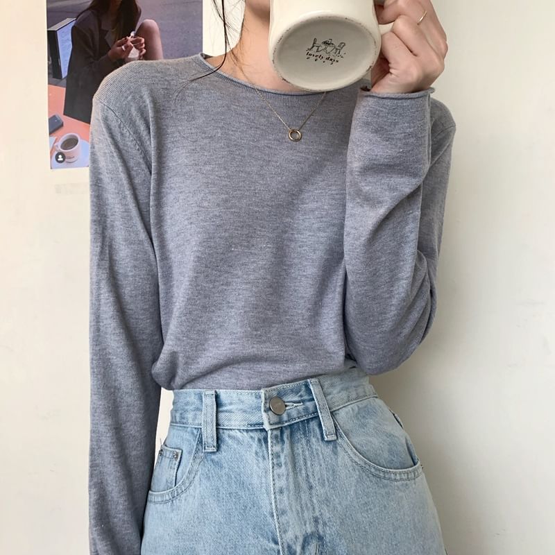 Solid Knit Crewneck Top with Long Sleeves