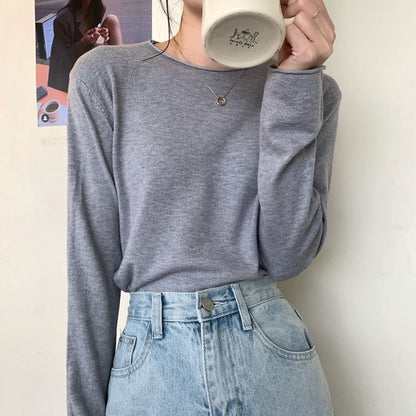 Solid Knit Crewneck Top with Long Sleeves