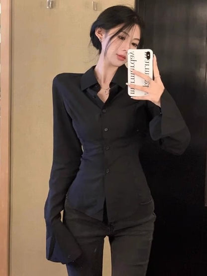 Buttoned Collared Slim Blouse with Long Sleeves