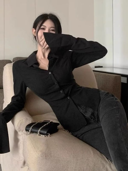 Buttoned Collared Slim Blouse with Long Sleeves