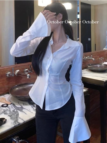 Buttoned Collared Slim Blouse with Long Sleeves