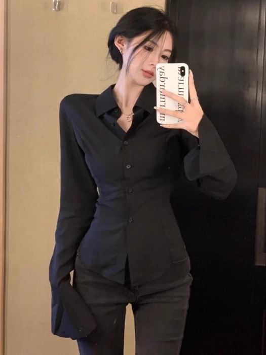 Buttoned Collared Slim Blouse with Long Sleeves