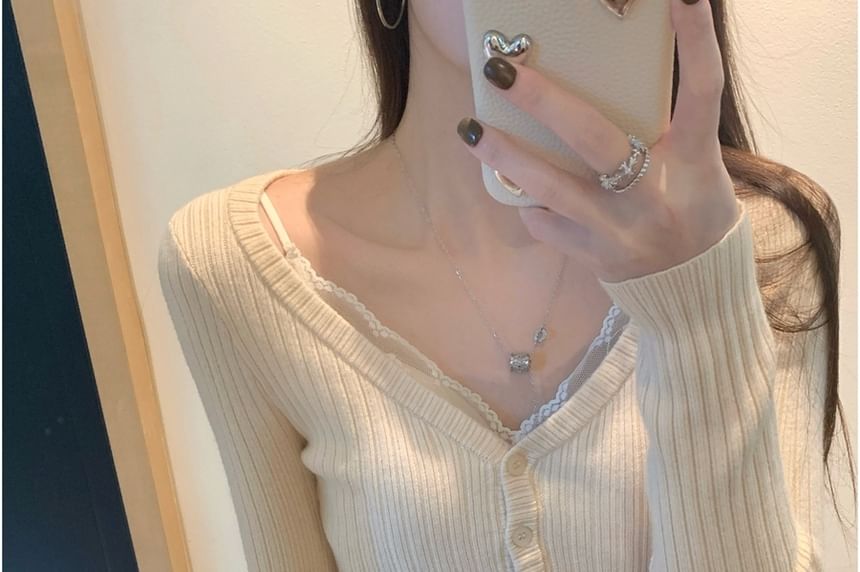 Ribbed V-Neck Henley Knit Top & Lace Padded Camisole, Long Sleeves