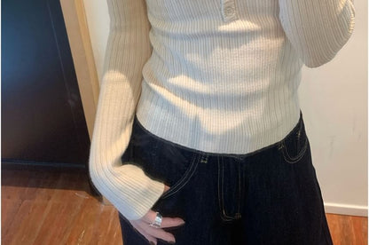 Ribbed V-Neck Henley Knit Top & Lace Padded Camisole, Long Sleeves