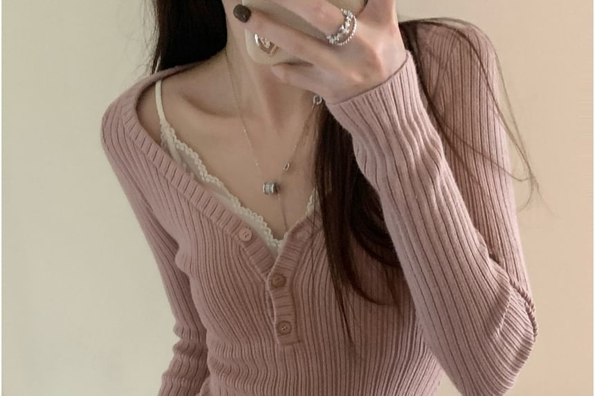 Ribbed V-Neck Henley Knit Top & Lace Padded Camisole, Long Sleeves