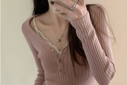 Ribbed V-Neck Henley Knit Top & Lace Padded Camisole, Long Sleeves