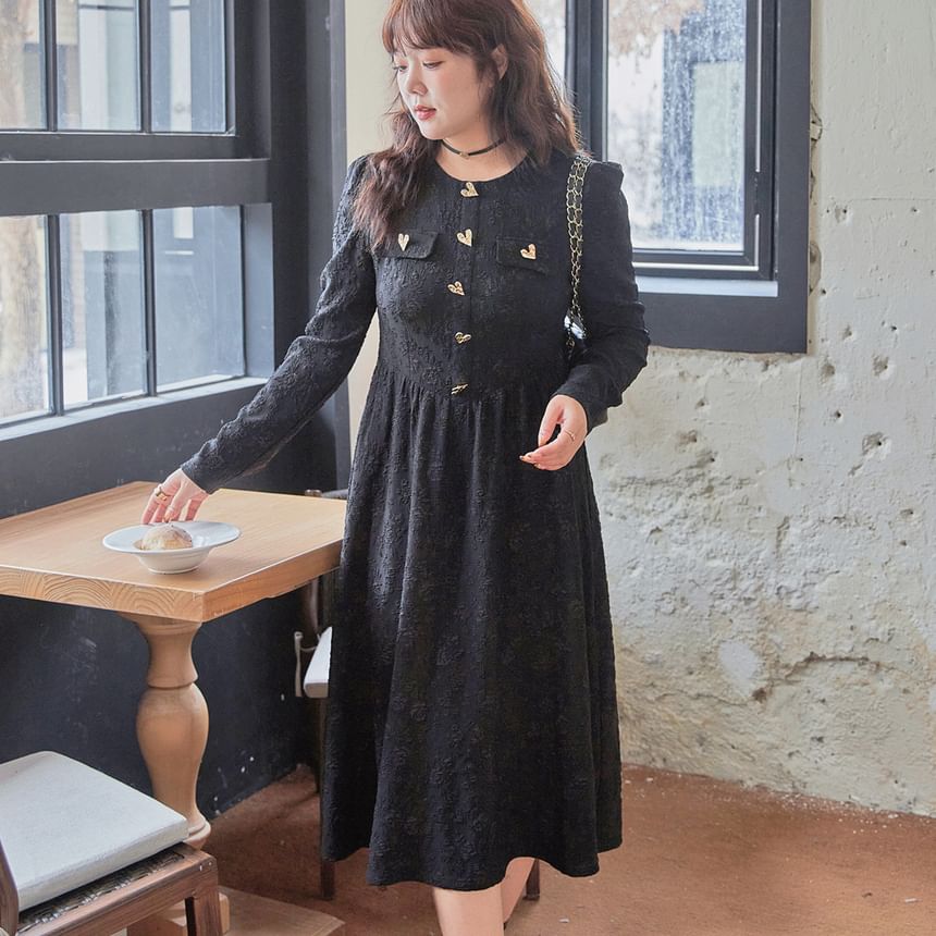 Plus Size Long-Sleeve Round Neck Jacquard Heart Button Midi A-Line Dress