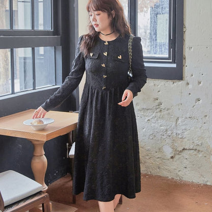 Plus Size Long-Sleeve Round Neck Jacquard Heart Button Midi A-Line Dress