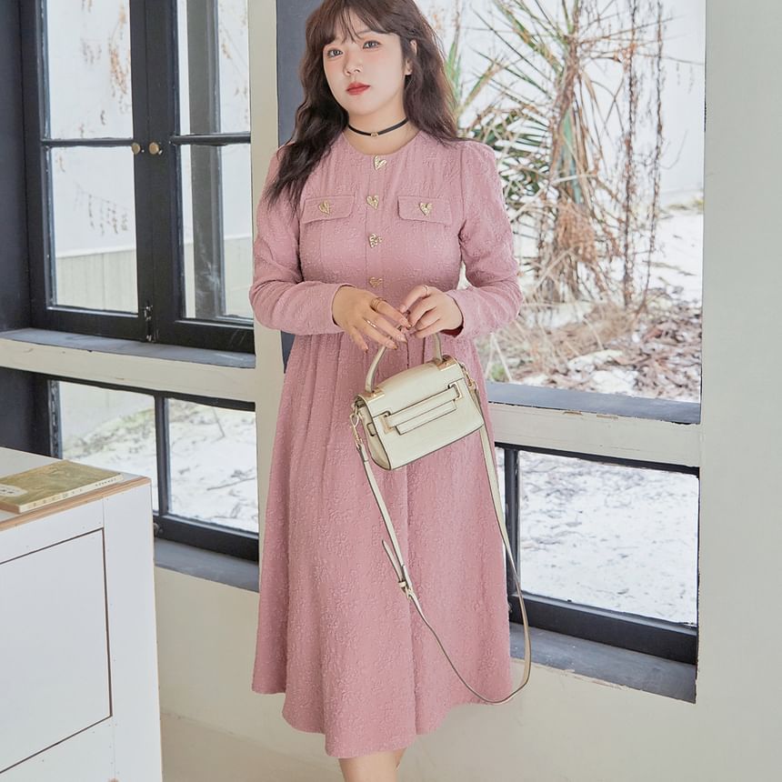 Plus Size Long-Sleeve Round Neck Jacquard Heart Button Midi A-Line Dress