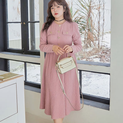 Plus Size Long-Sleeve Round Neck Jacquard Heart Button Midi A-Line Dress