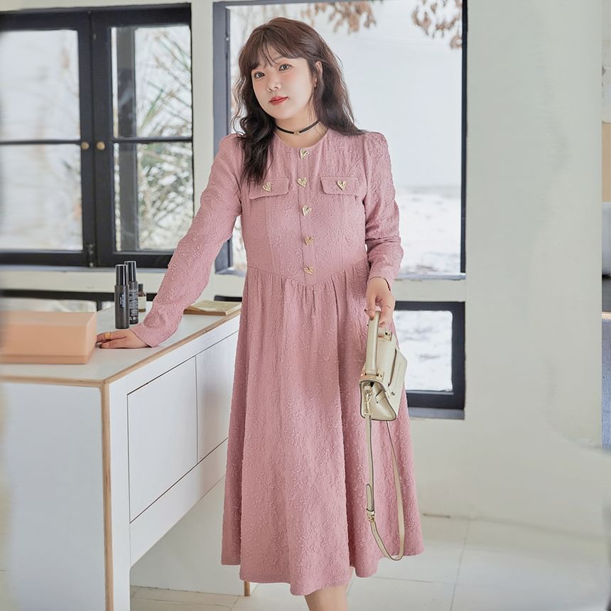 Plus Size Long-Sleeve Round Neck Jacquard Heart Button Midi A-Line Dress