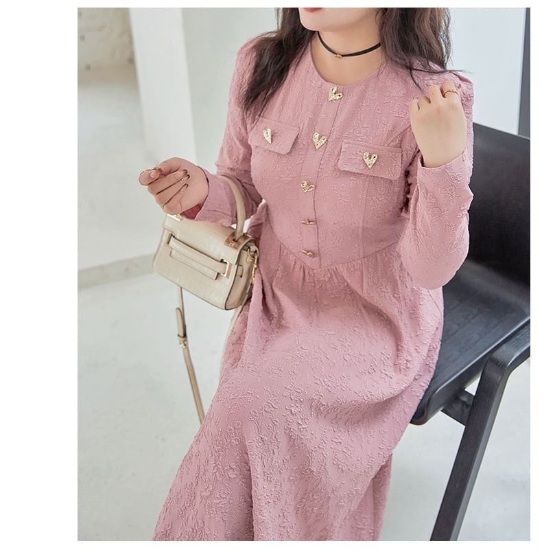 Plus Size Long-Sleeve Round Neck Jacquard Heart Button Midi A-Line Dress