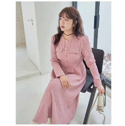 Plus Size Long-Sleeve Round Neck Jacquard Heart Button Midi A-Line Dress