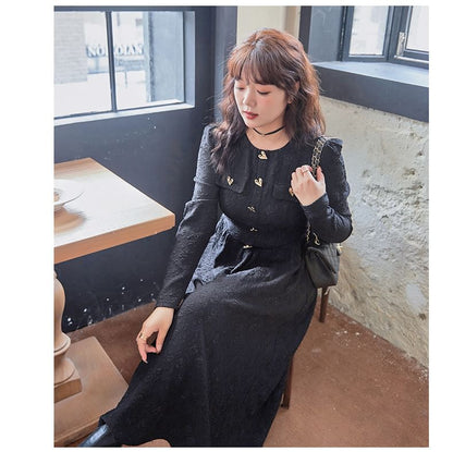 Plus Size Long-Sleeve Round Neck Jacquard Heart Button Midi A-Line Dress