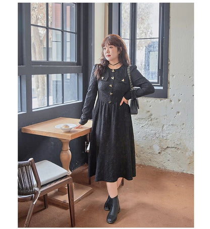 Plus Size Long-Sleeve Round Neck Jacquard Heart Button Midi A-Line Dress