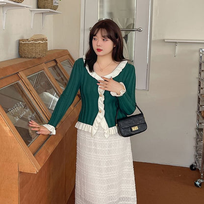 Plus Size Long-Sleeve V-Neck Contrast Ruffle Trim Button Ribbed Knit Top