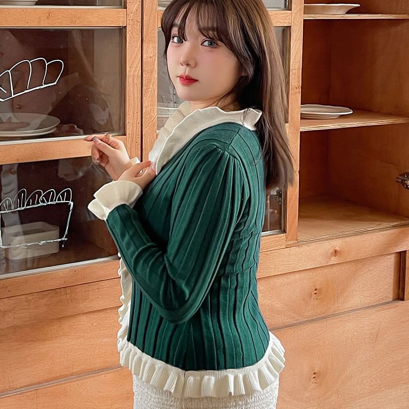 Plus Size Long-Sleeve V-Neck Contrast Ruffle Trim Button Ribbed Knit Top