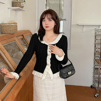 Plus Size Long-Sleeve V-Neck Contrast Ruffle Trim Button Ribbed Knit Top