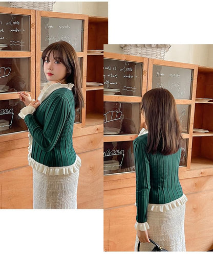 Ribbed Knit V-Neck Contrast Ruffle Button Top, Long Sleeves