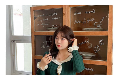 Plus Size Long-Sleeve V-Neck Contrast Ruffle Trim Button Ribbed Knit Top