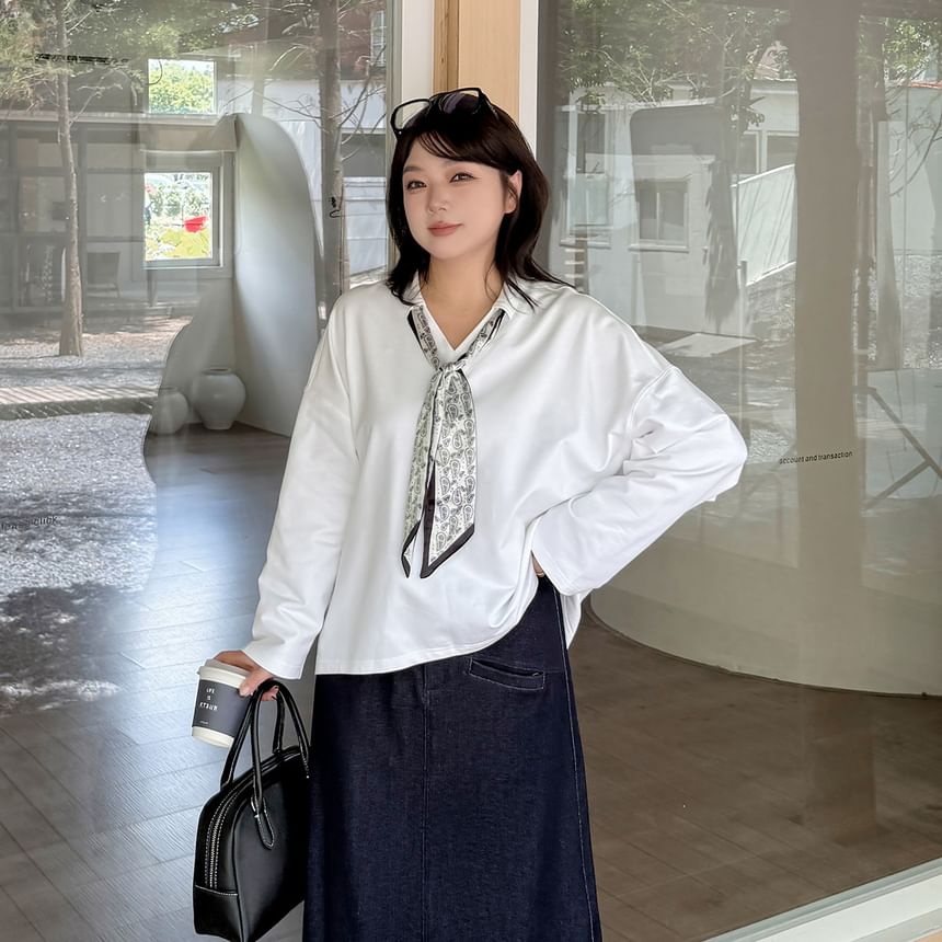 Plus Size Collar V-Neck Plain Pullover with Print Twilly