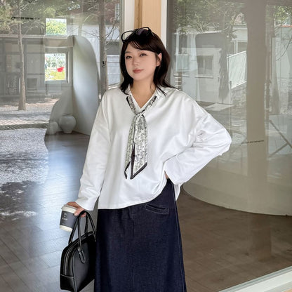 Plus Size Collar V-Neck Plain Pullover with Print Twilly