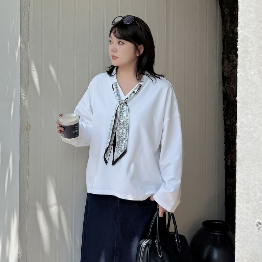 Plus Size Collar V-Neck Plain Pullover with Print Twilly