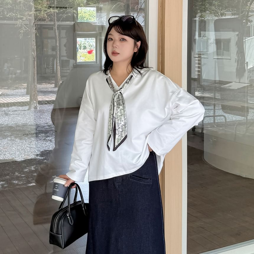 Plus Size Collar V-Neck Plain Pullover with Print Twilly