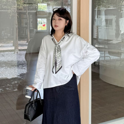 Plus Size Collar V-Neck Plain Pullover with Print Twilly