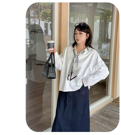 Plus Size Collar V-Neck Plain Pullover with Print Twilly